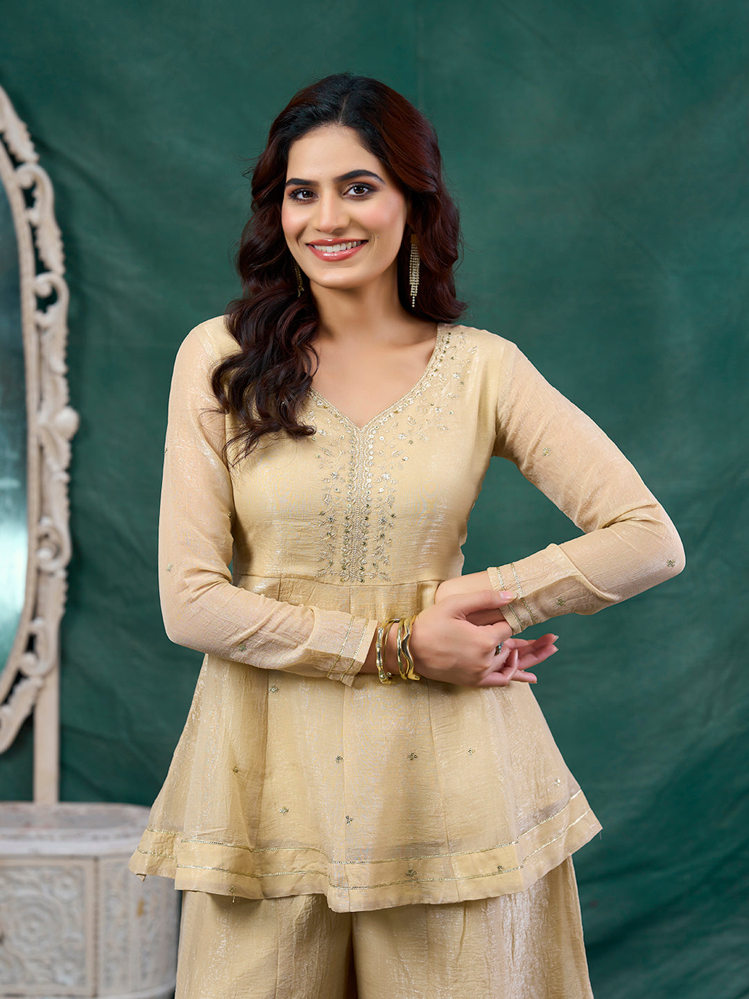 Off White Embroidered Peplum Top with Sharara Set