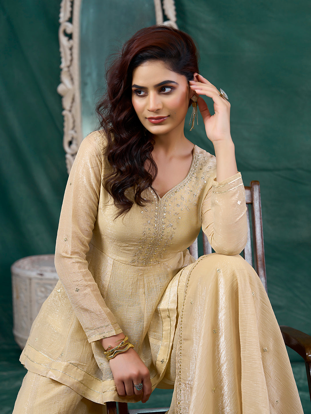 Off White Embroidered Peplum Top with Sharara Set