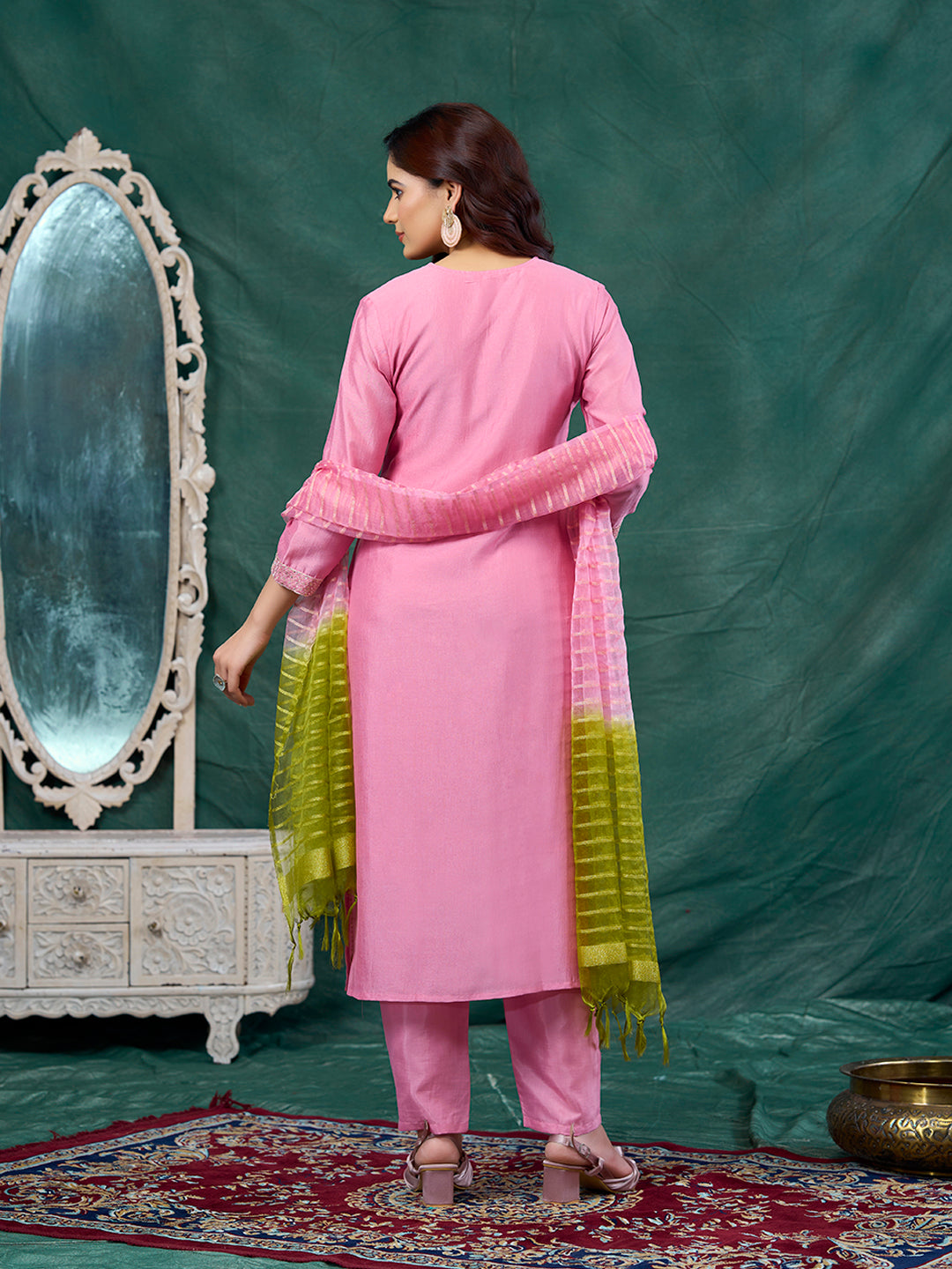 Pink Embroidered Silk Kurta with Dupatta Set