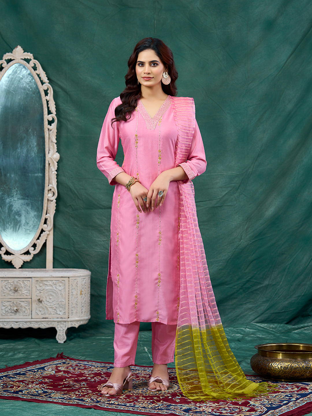 Pink Embroidered Silk Kurta with Dupatta Set