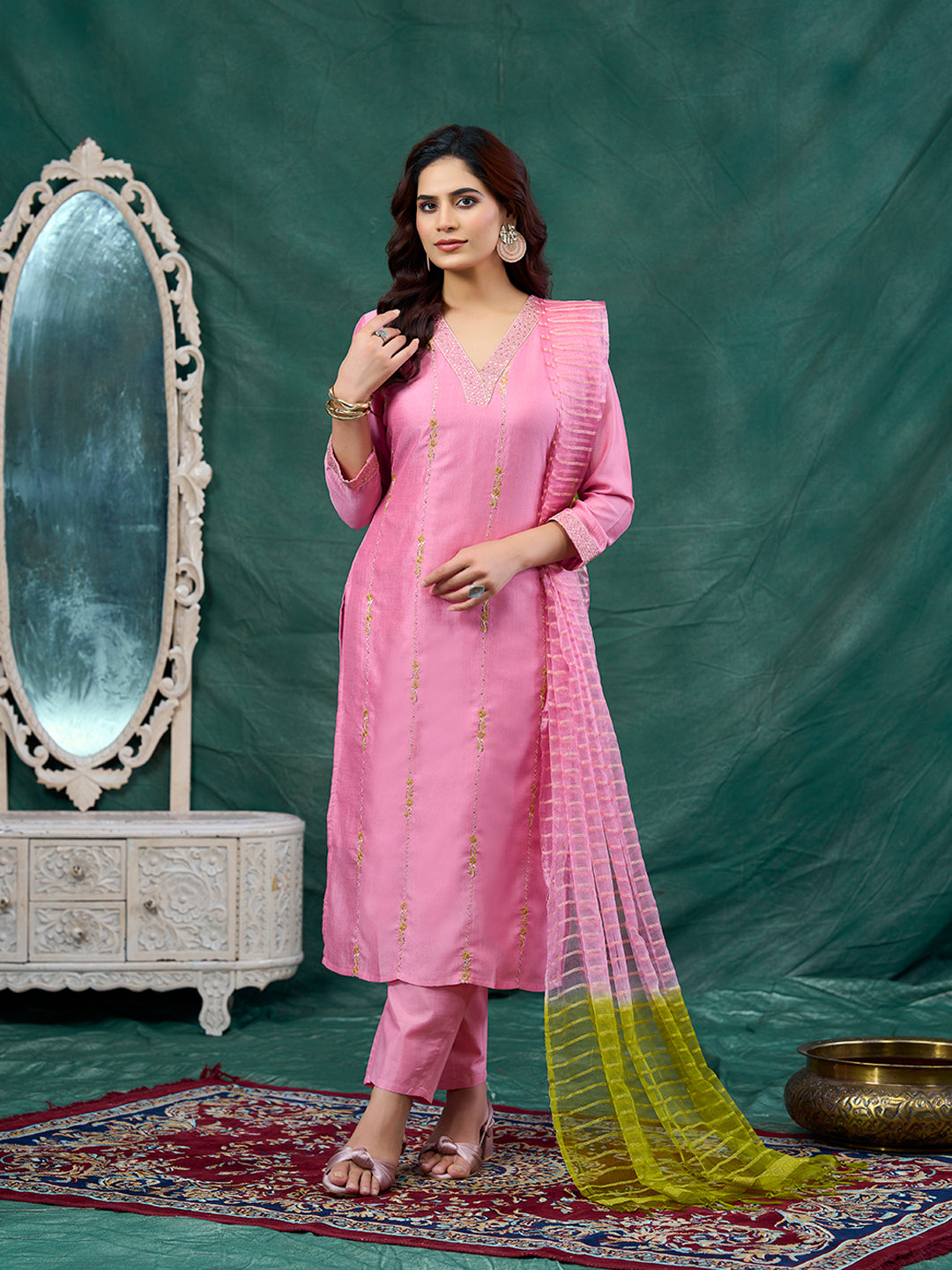 Pink Embroidered Silk Kurta with Dupatta Set