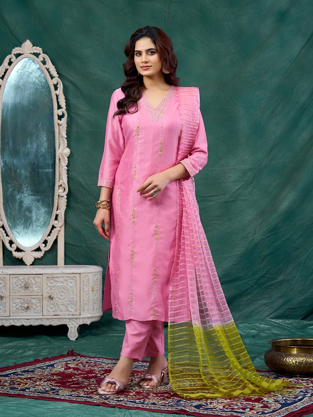 Pink Embroidered Silk Kurta with Dupatta Set