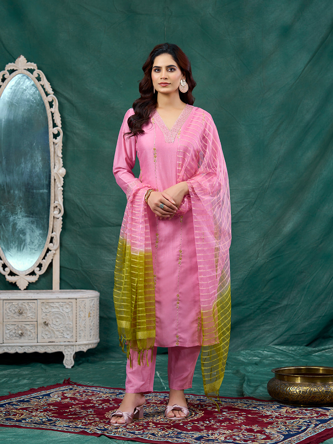 Pink Embroidered Silk Kurta with Dupatta Set