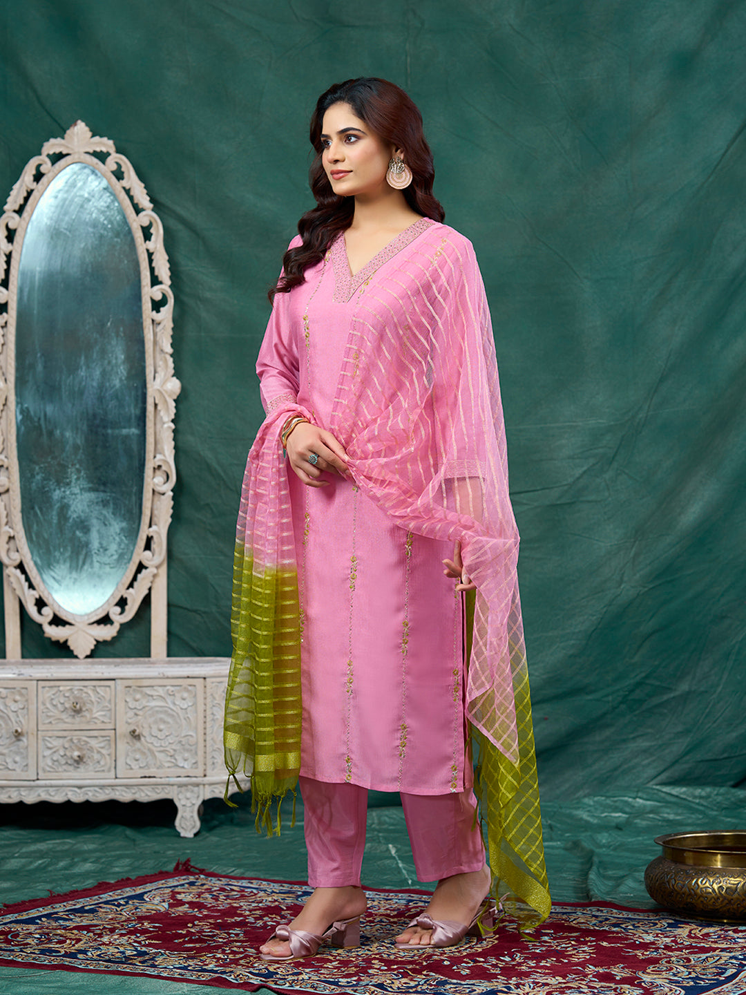Pink Embroidered Silk Kurta with Dupatta Set