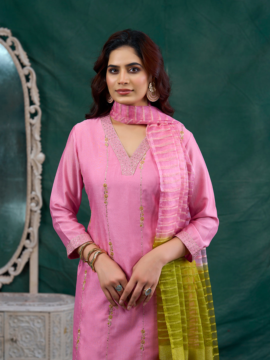 Pink Embroidered Silk Kurta with Dupatta Set