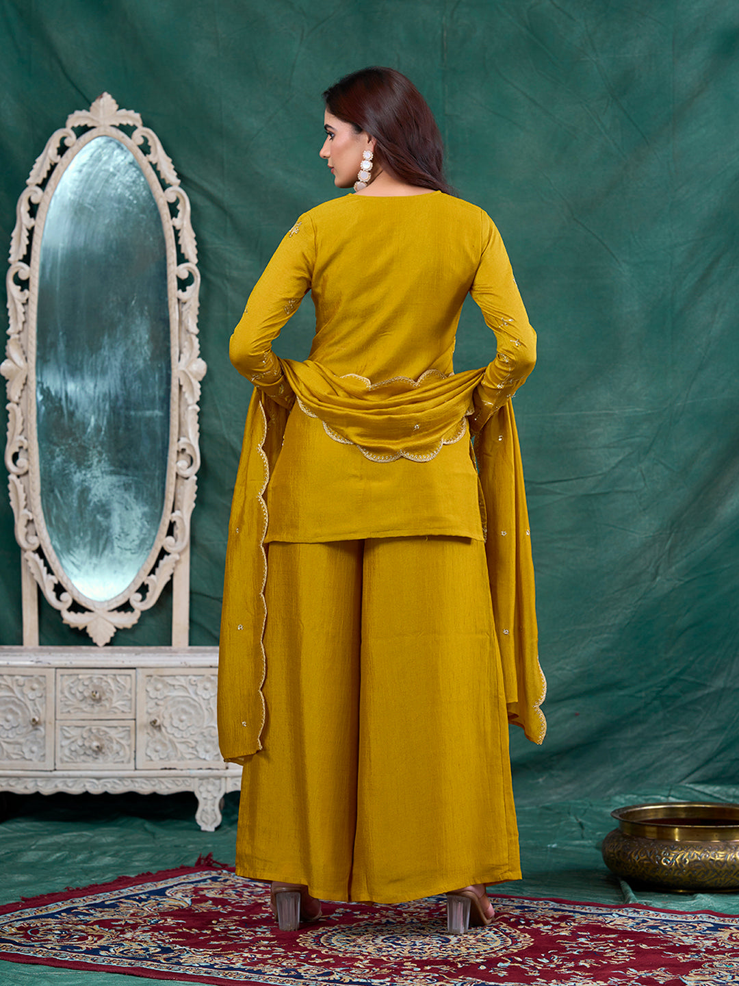 Mustard Embroidered Peplum Top with Sharara Set