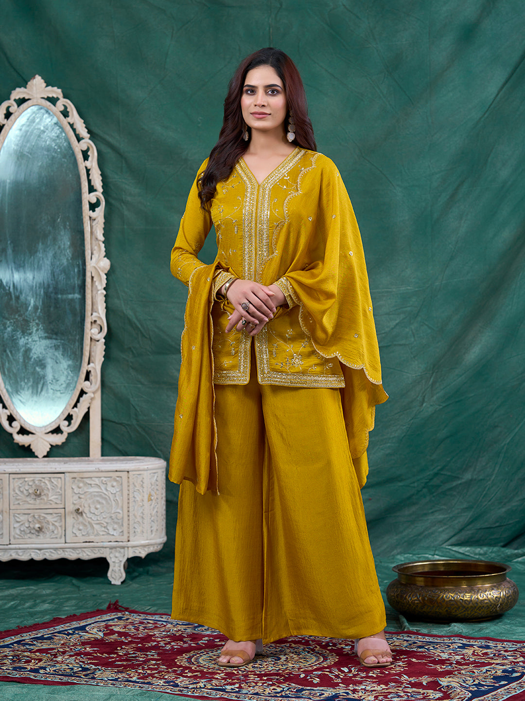Mustard Embroidered Peplum Top with Sharara Set