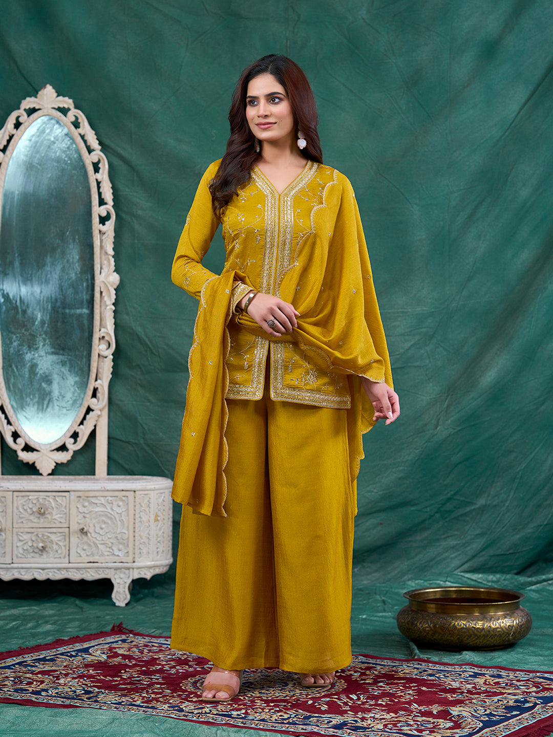 Mustard Embroidered Peplum Top with Sharara Set