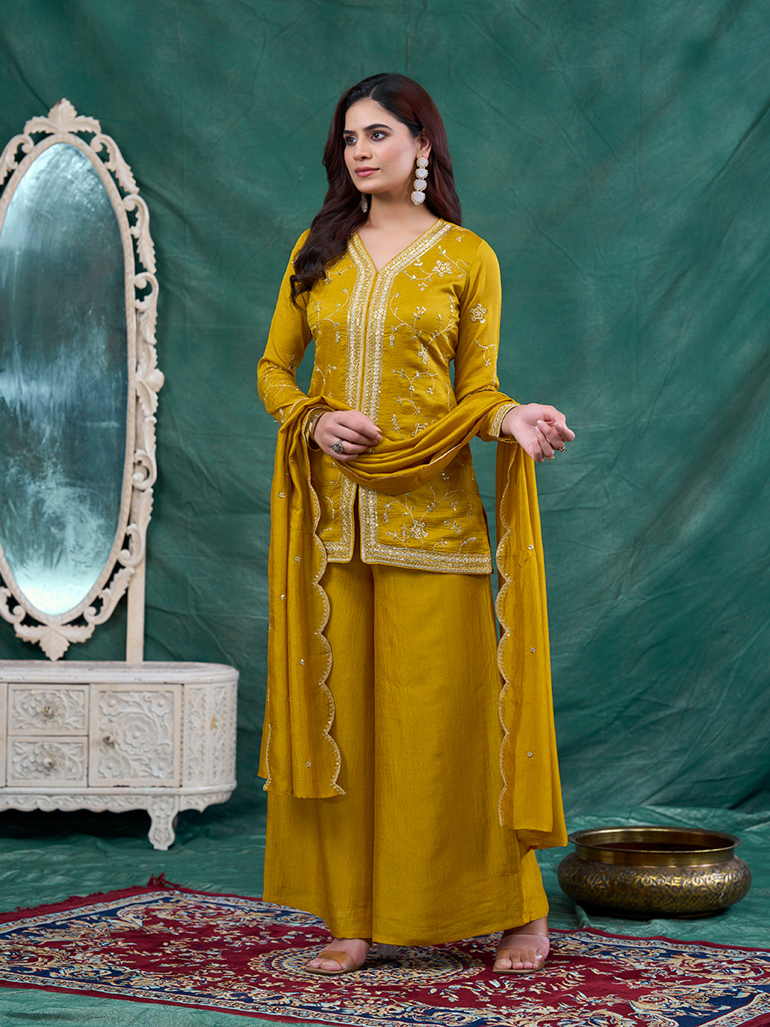 Mustard Embroidered Peplum Top with Sharara Set