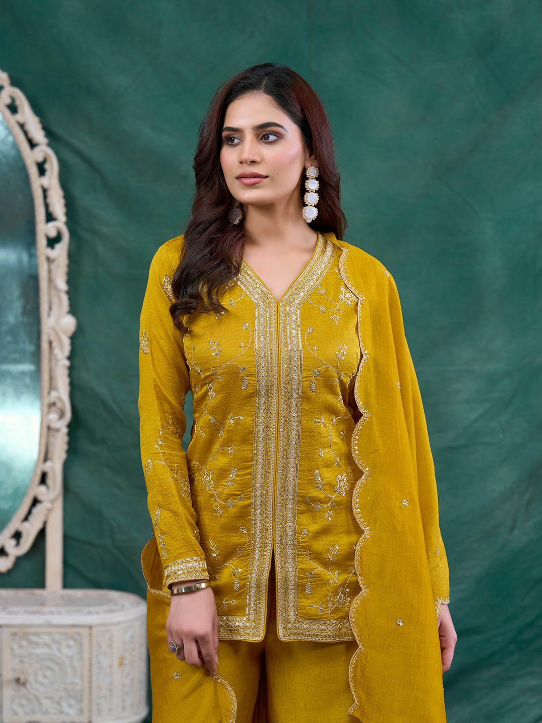 Mustard Embroidered Peplum Top with Sharara Set