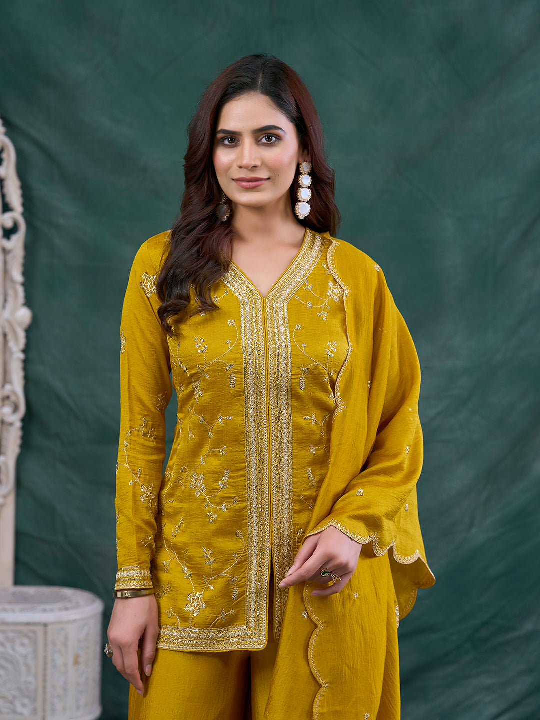 Mustard Embroidered Peplum Top with Sharara Set