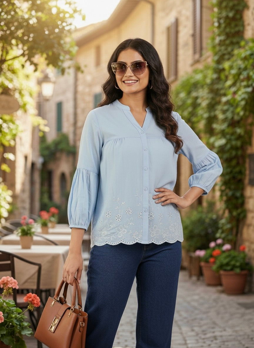 Sky Blue Embroidered Rayon Shirt for Women