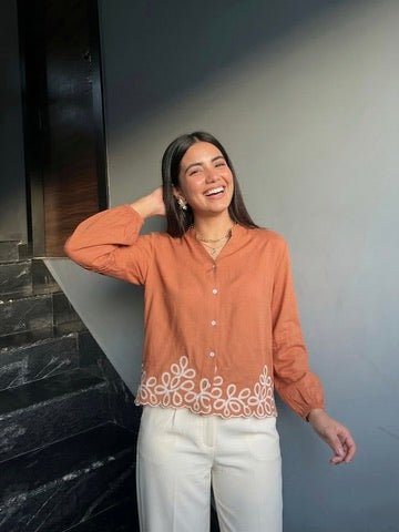 Orange Embroidered Full Sleeves Regular Rayon Shirt