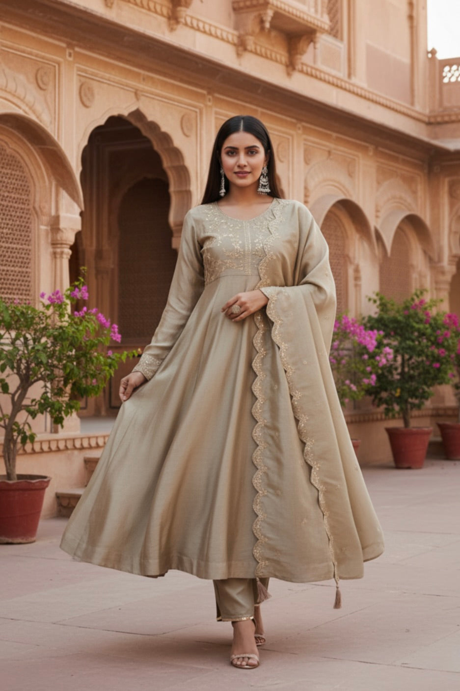 Grey Silk Embroidered Anarkali Kurta And Dupatta set