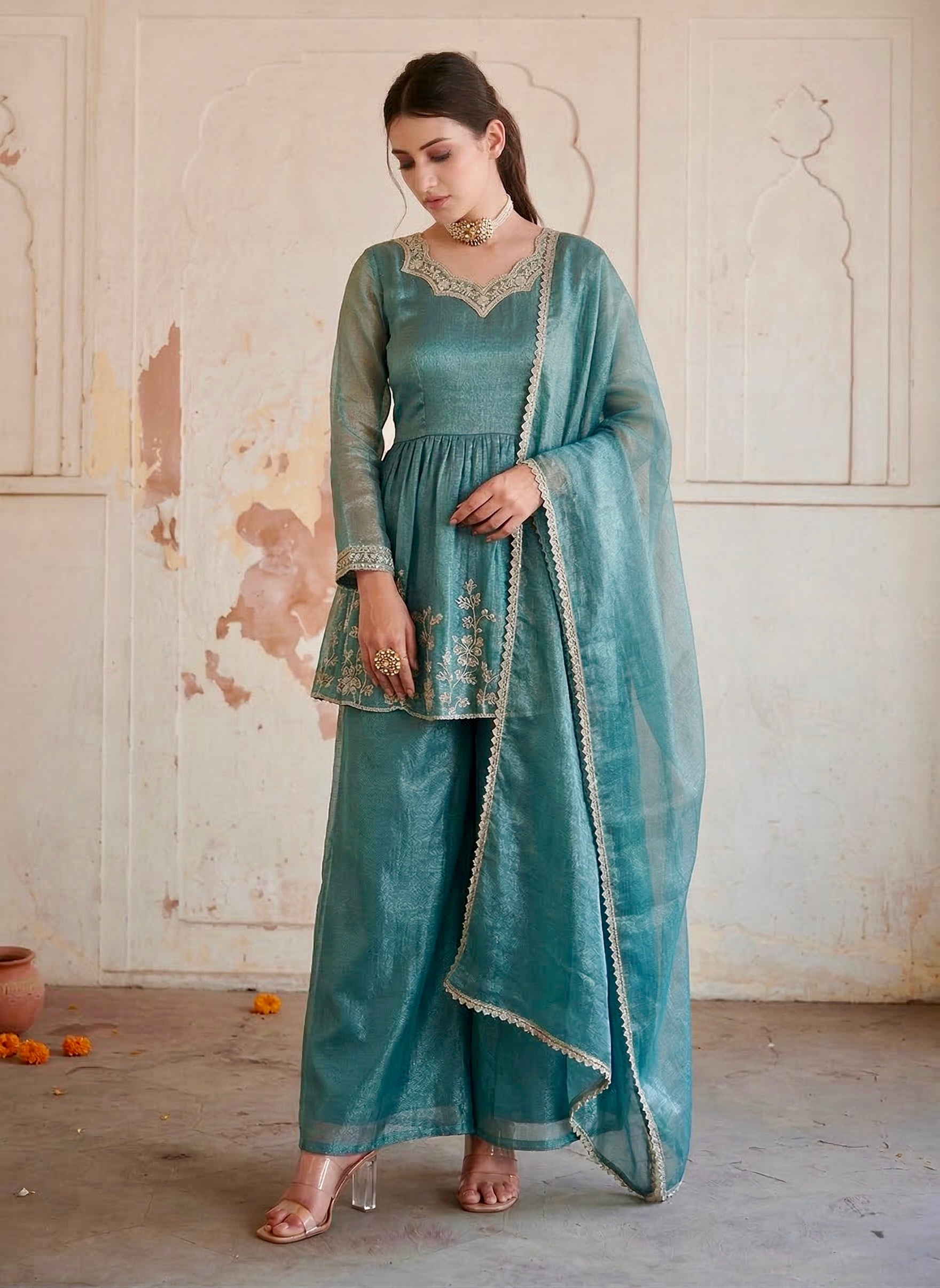 Blue Embroidered Sharara Suit for Women