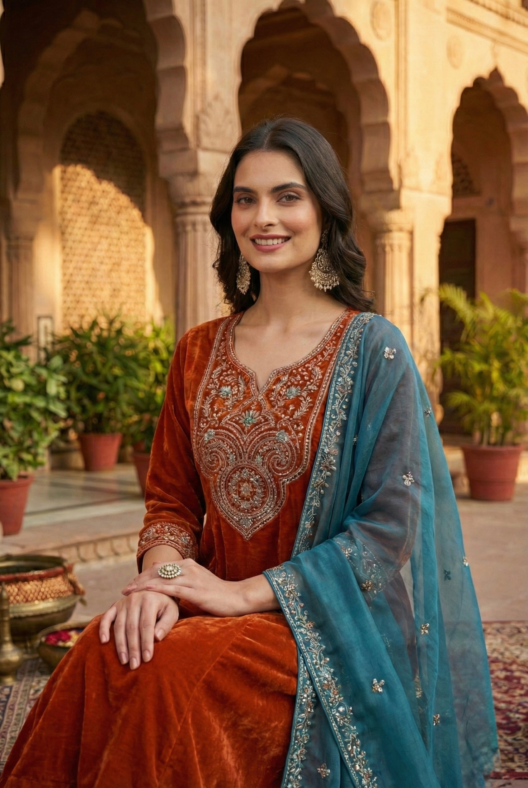 Orange Solid Velvet Anarkali Suit With Dupatta