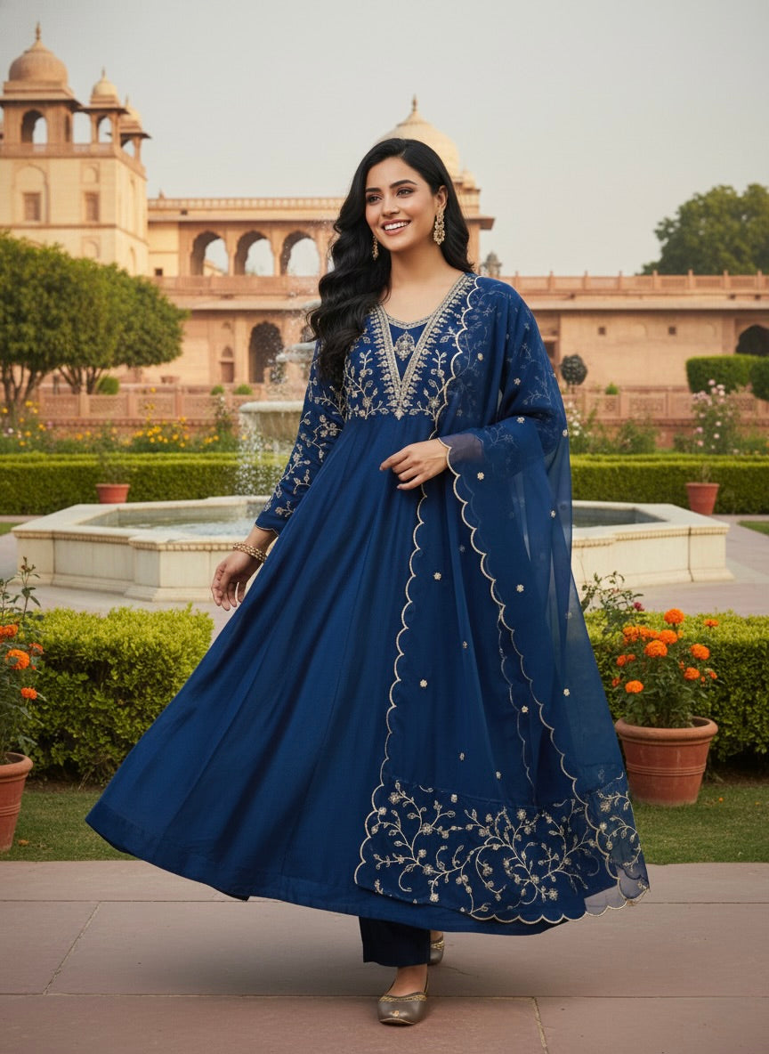 Teal Blue Embroidered Silk Anarkali Kurta With Dupatta Set