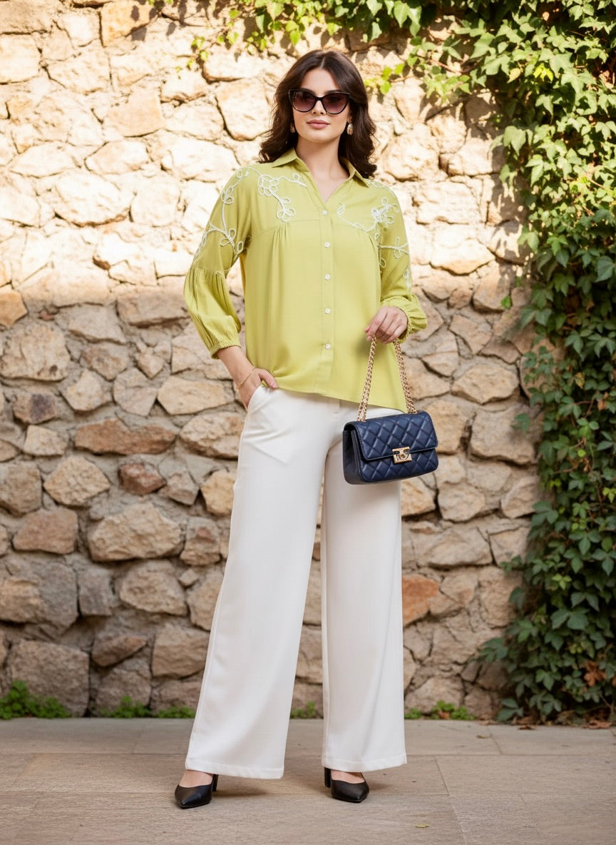 Designer Pista Embroidered Rayon Shirt for Women