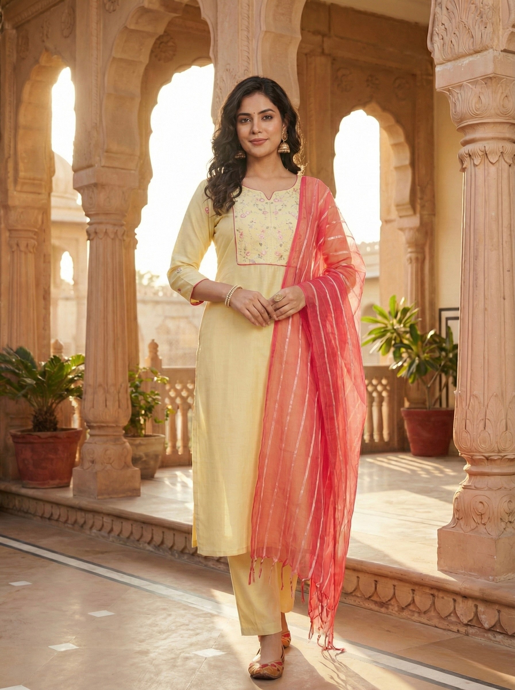 Yellow Embroidered Chinon Kurta with Dupatta Set for womens
