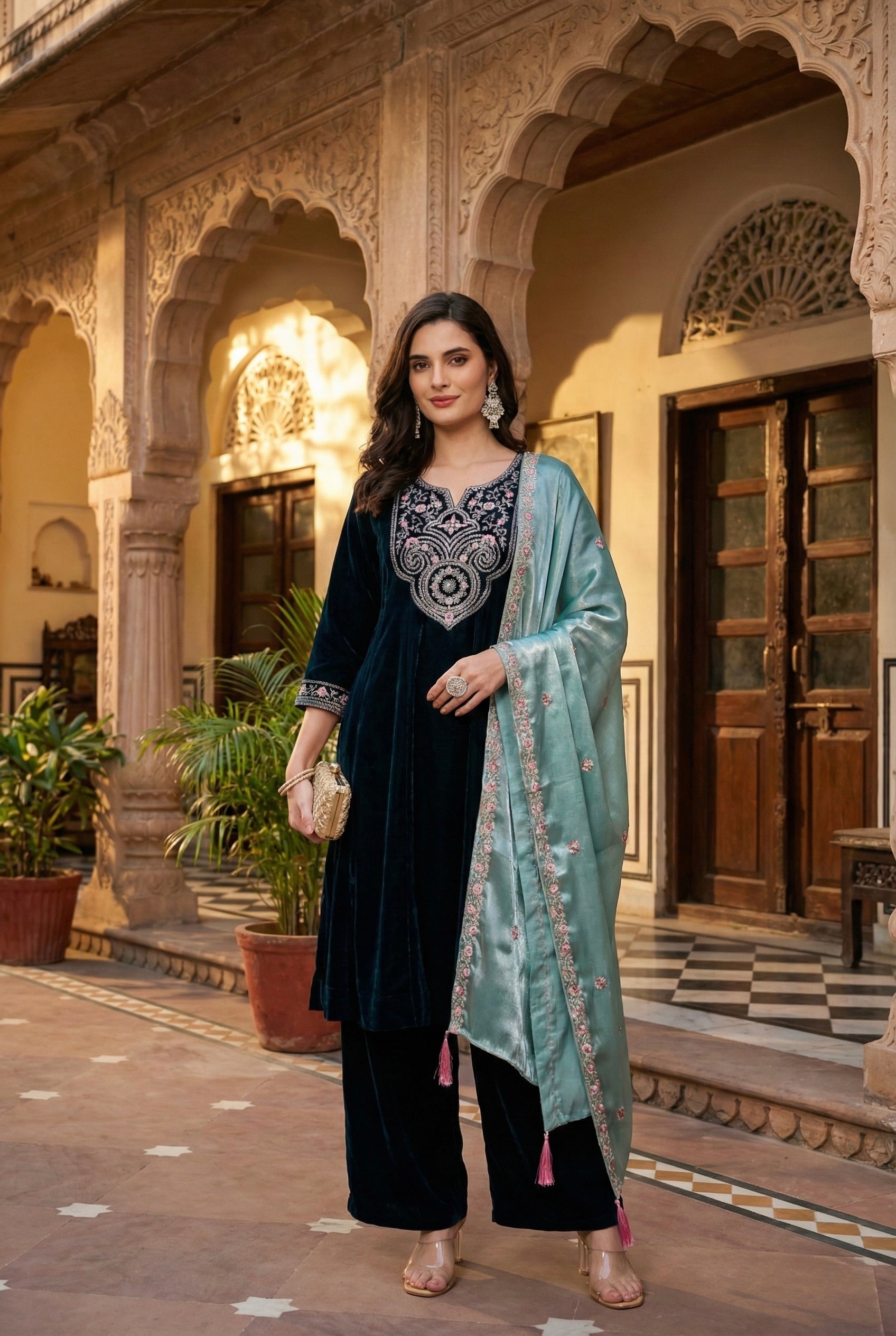 Teal Blue Solid Velvet Anarkali Suit With Dupatta