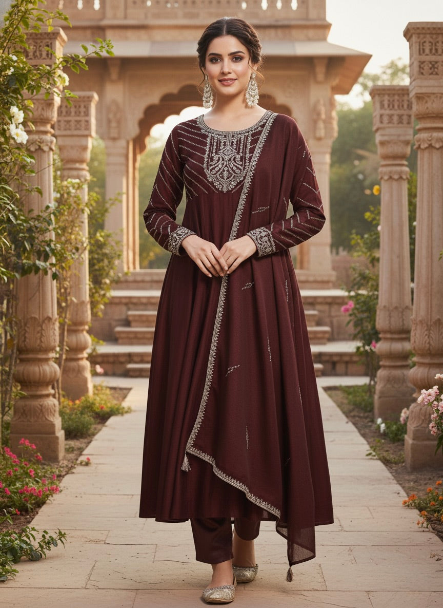 Coffee Embroidered Silk Anarkali Kurta With Dupatta Set