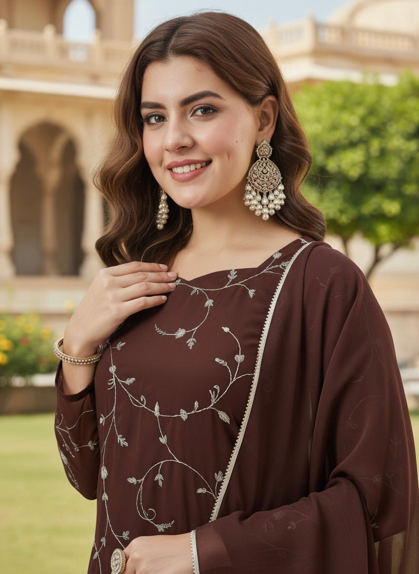 Coffee Embroidered Georgette Straight Suit Set With Dupatta