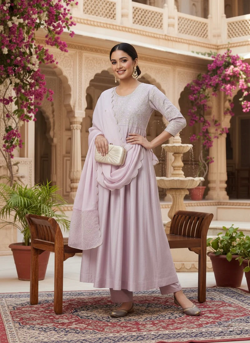 Purple Embroidered Silk Anarkali Kurta With Dupatta Set