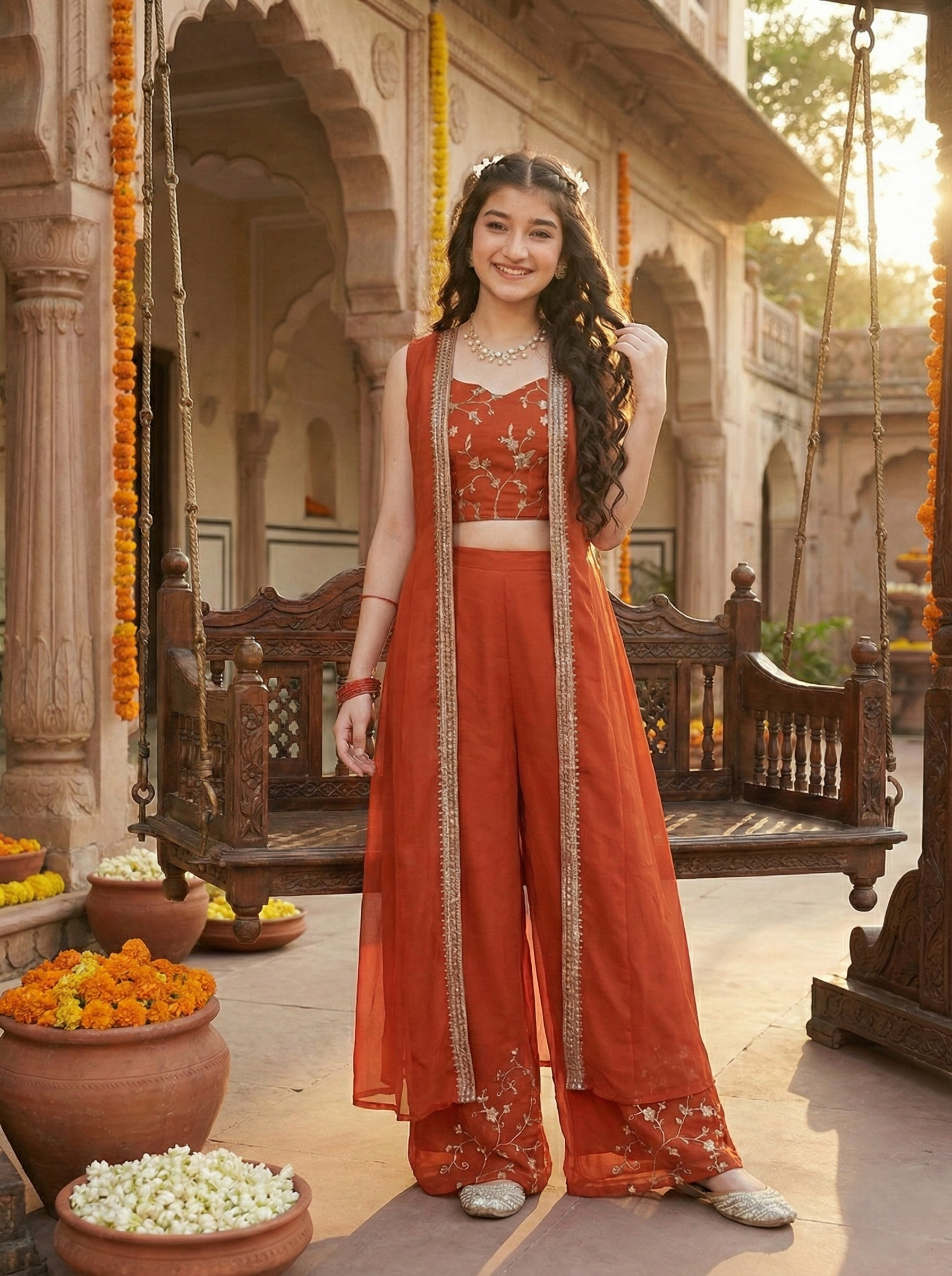 Orange Embroidered Georgette Top, Plazoo Shurg Set for girls