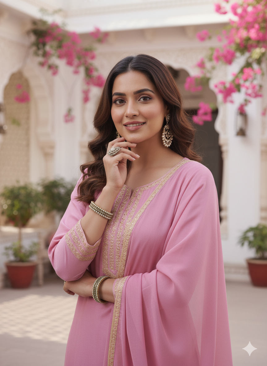 Pink Embroidered Chinon Kurta with Dupatta Set