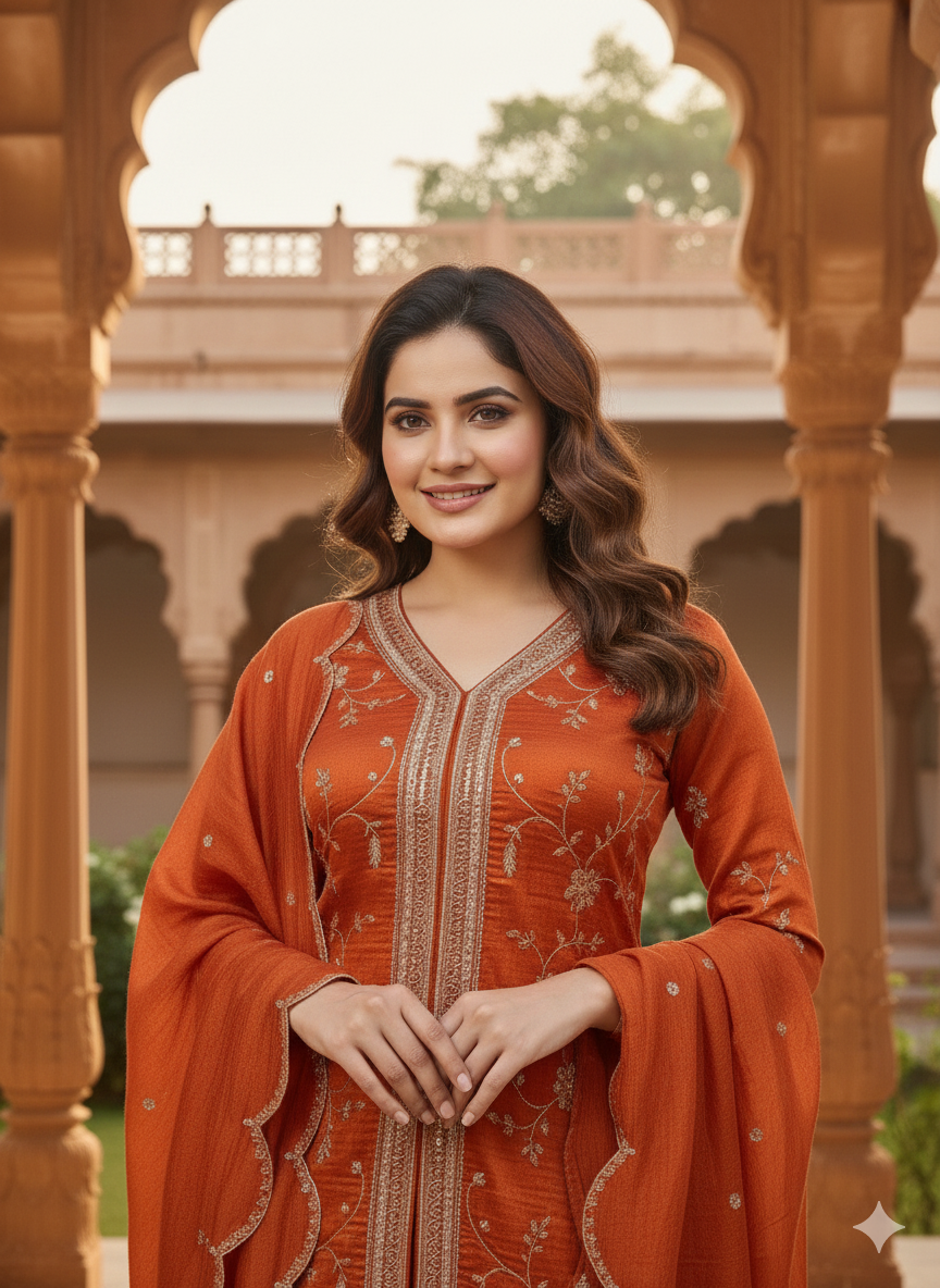 Orange Embroidered Peplum Top with Sharara Set