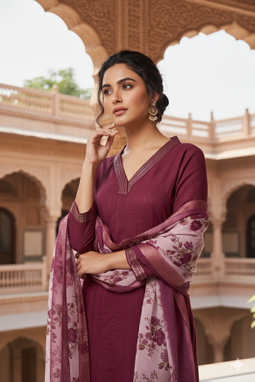 Wine Chinon Embroidered Straight Kurta & Printed Dupatta Set