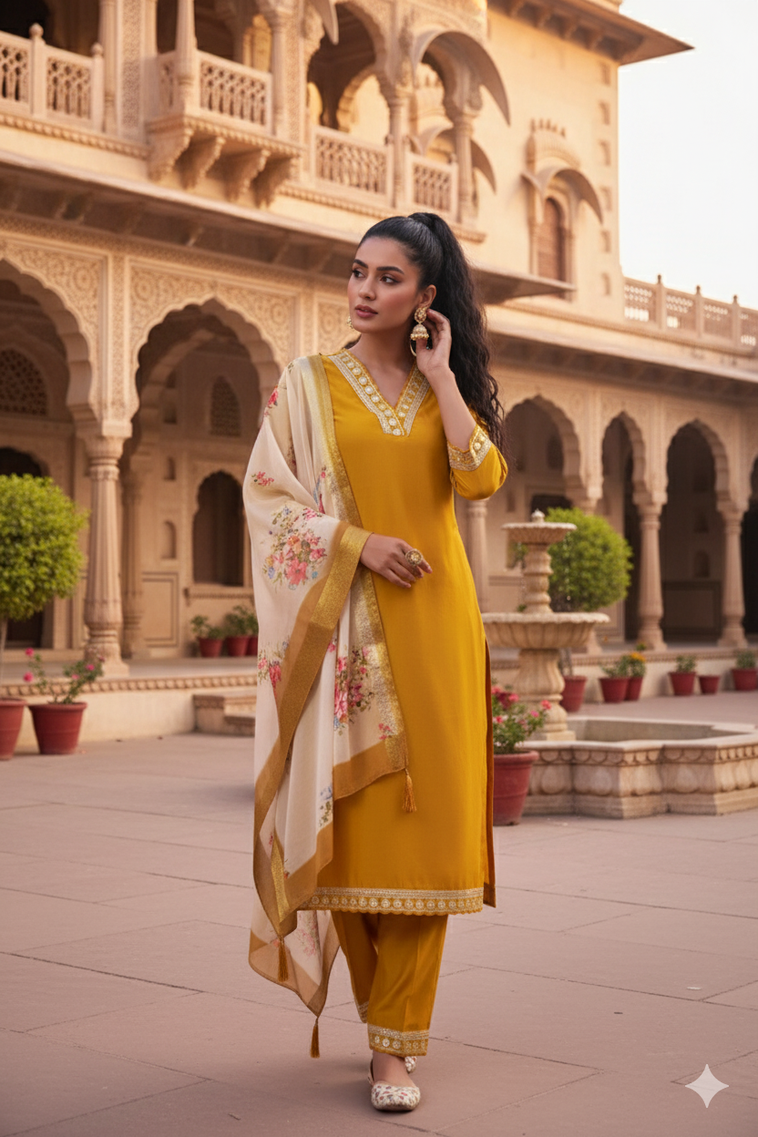 Yellow Embroidered Chanderi Viscose Straight Suit With Dupatta