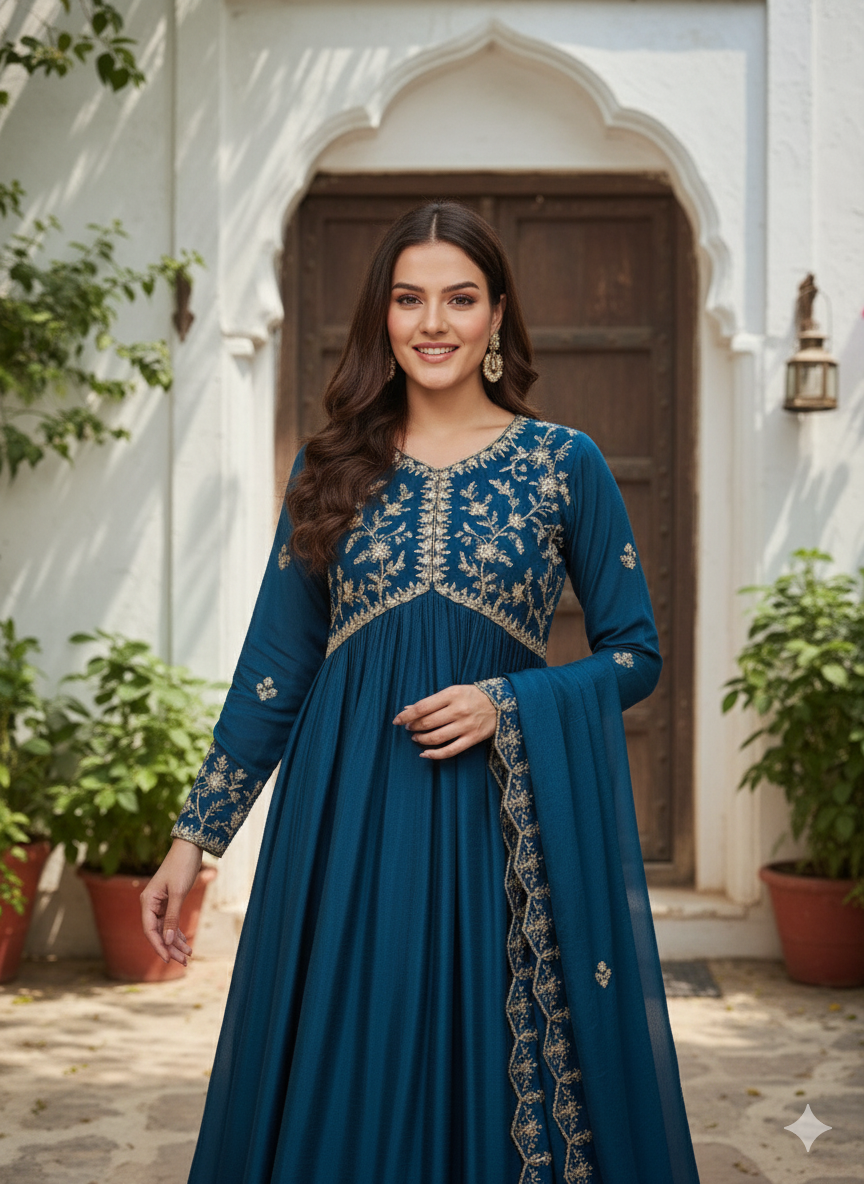 Teal Blue Embroidered Silk Blend Anarkali Kurta Set with Dupatta