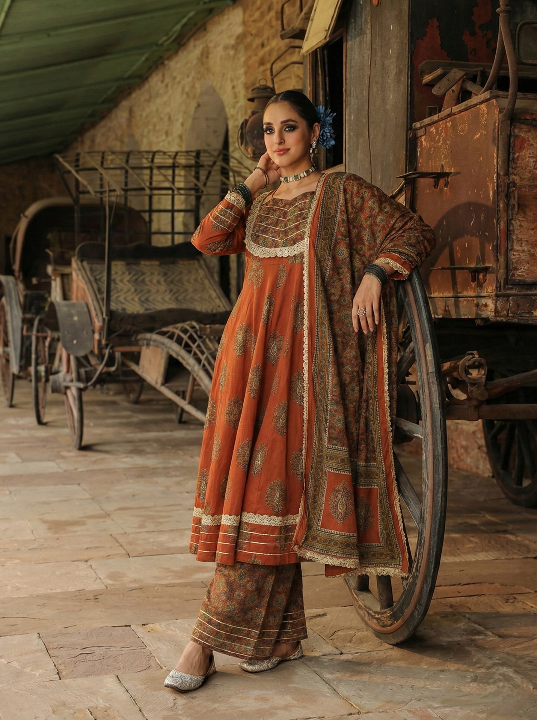 Rust Cotton Embroidered Anarkali Kurta Set with Dupatta for Women