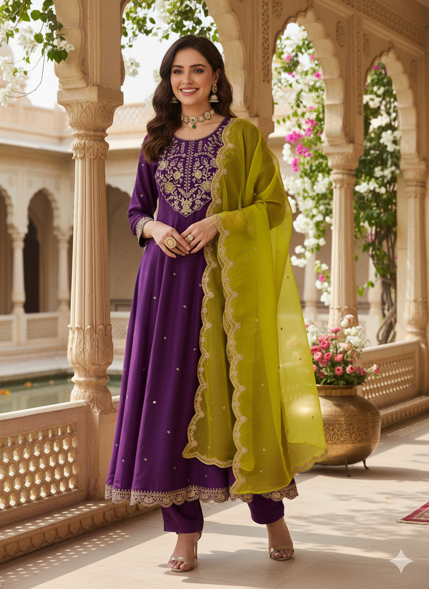 Purple Embroidered Anarkali Kurta With Dupatta Set