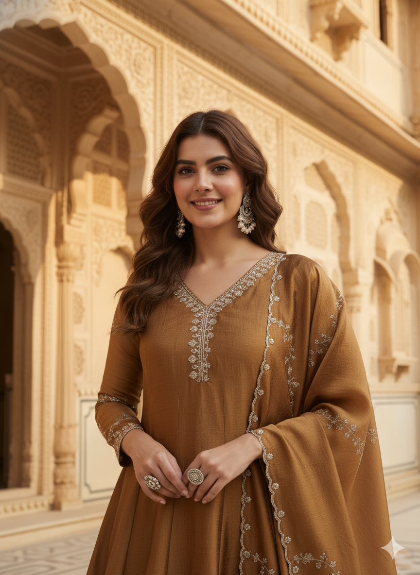 Golden Silk Embroidered Anarkali Kurta with Dupatta Set