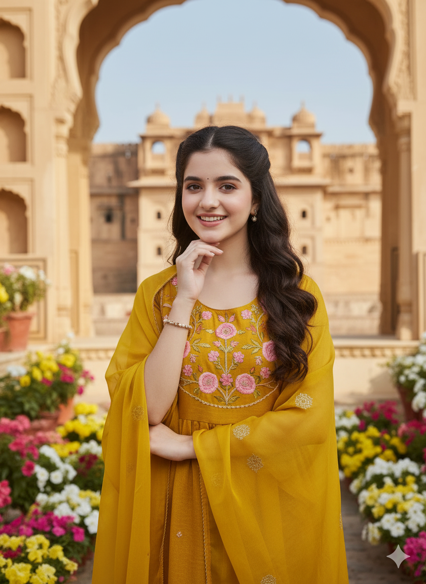 Girl's Mustard Silk Embroidered Sharara Set With Dupatta