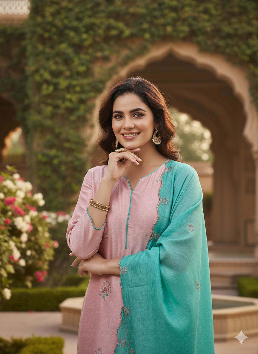 Rose Pink Embroidered Chinon Kurta with Dupatta Set | front half side