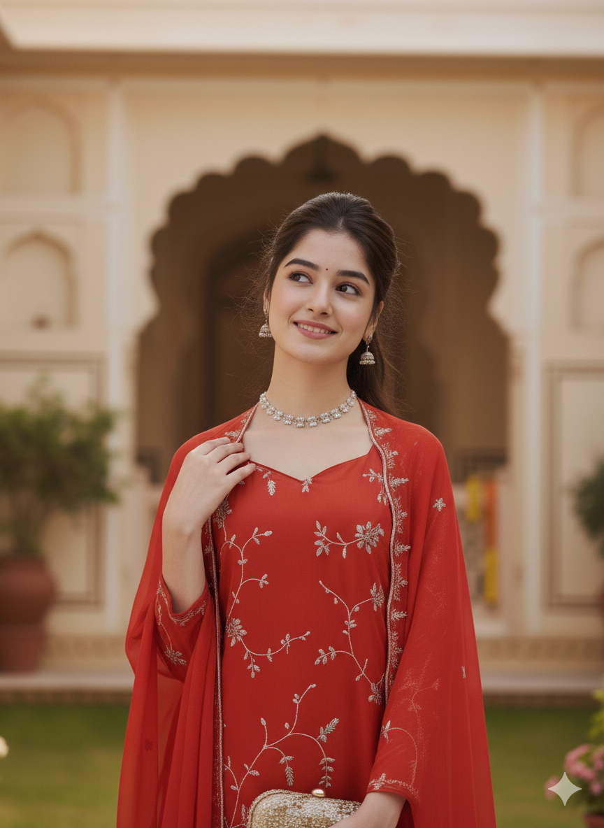 Orange Georgette Embroidered Kurta Plazzo & Dupatta Set for Girls