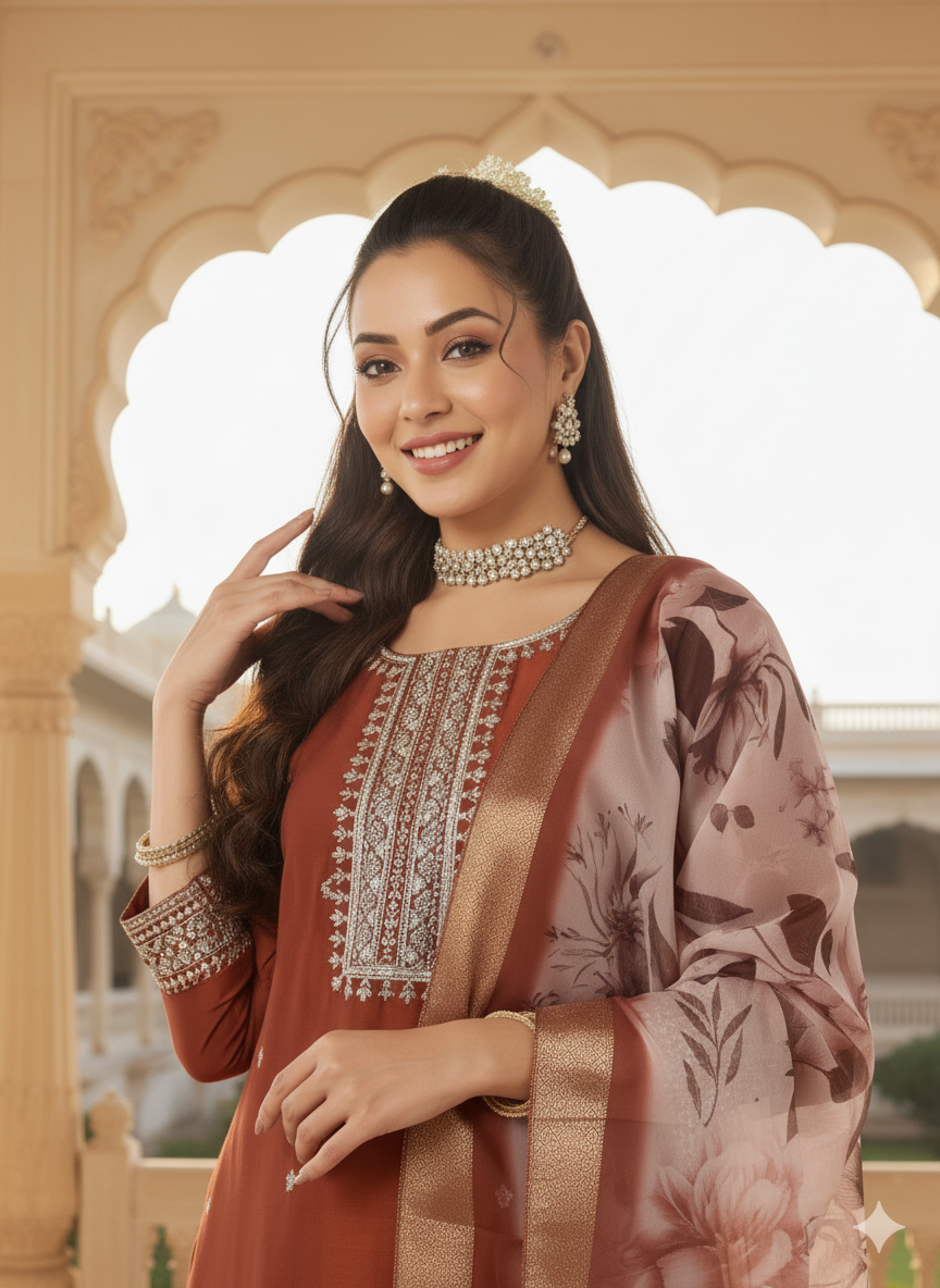 Rust Embroidered Chinon Straight Suit With Printed Dupatta