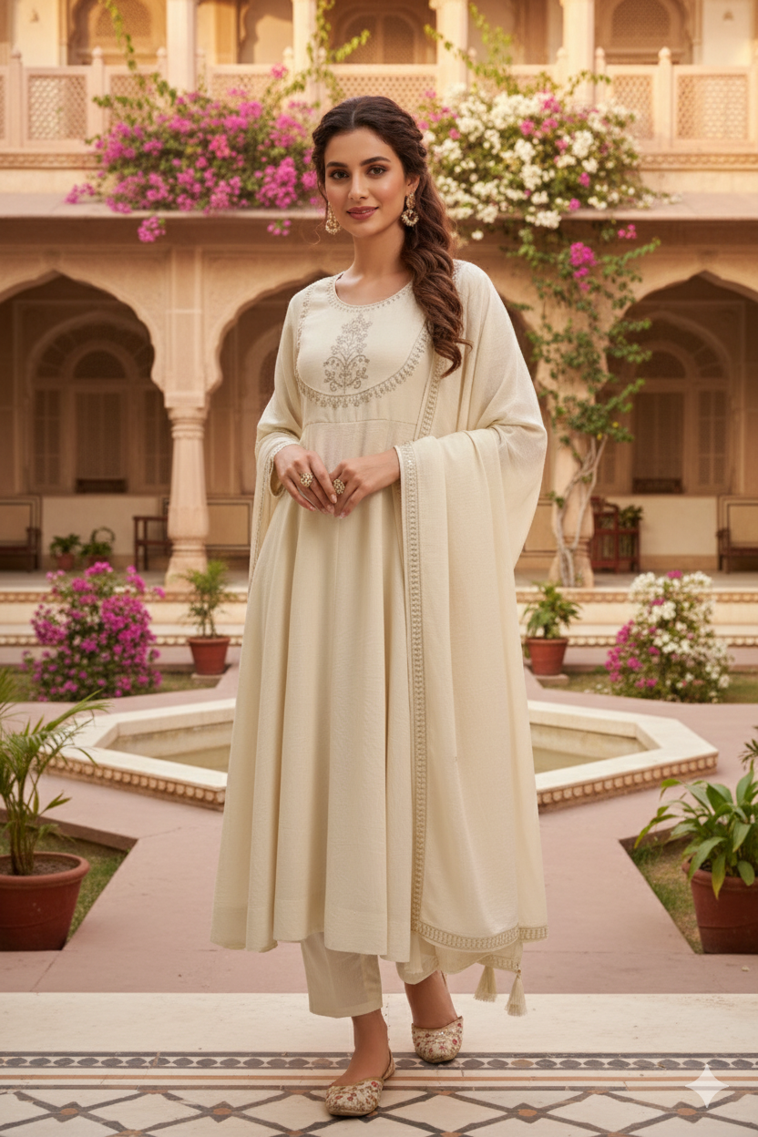 Cream Embroidered Silk Blend Anarkali Kurta With Dupatta Set