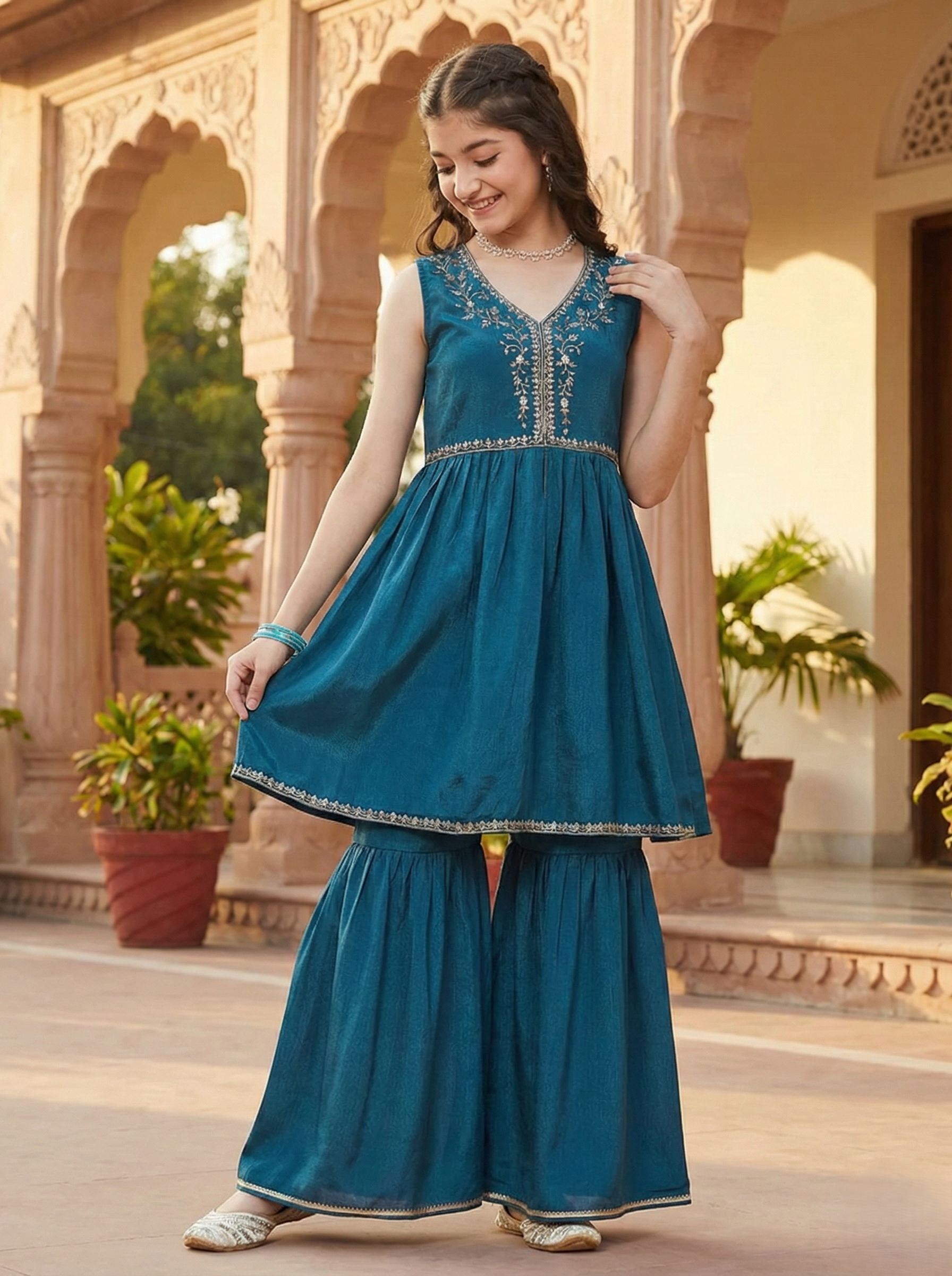 Teal blue Chinon Embroidered Kurta & Sharara for Girls