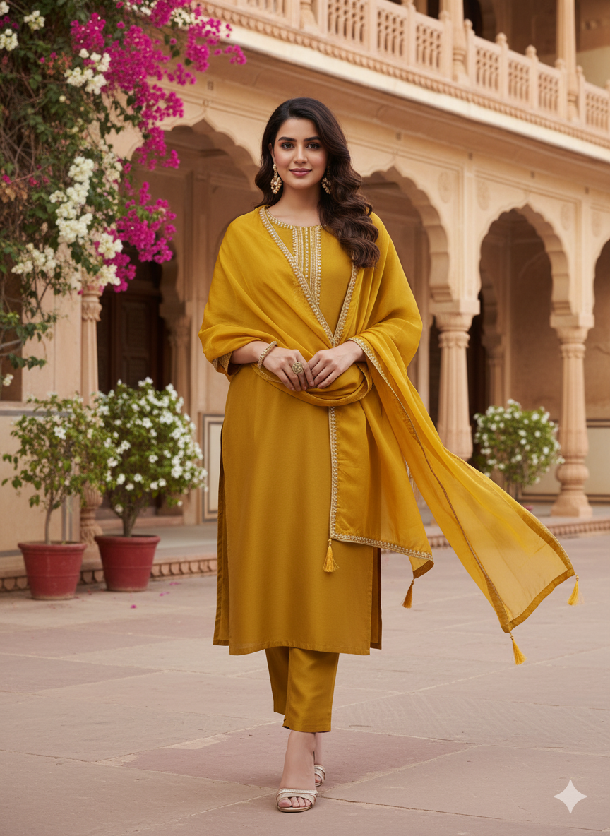Mustard Embroidered Chinon Kurta with Dupatta Set