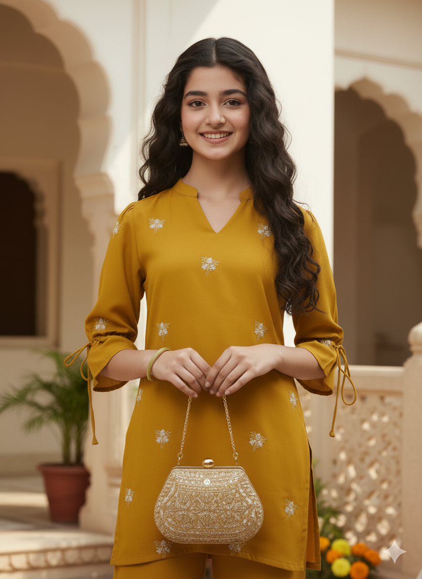Yellow Viscose Blend Embroidered Top & Pant Set for Girls