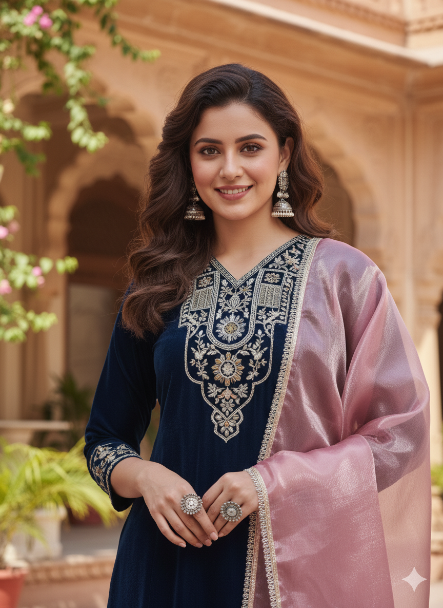 Teal Blue Velvet Embroidered Kurta set with pink Dupatta for women