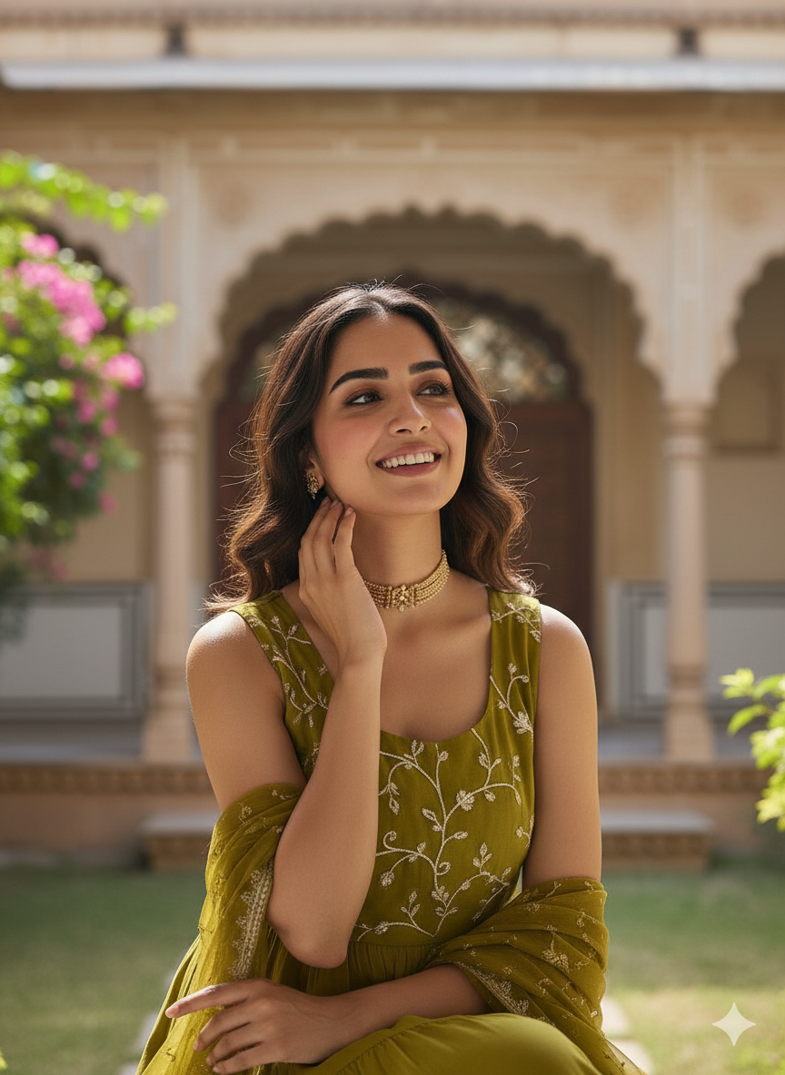 Green Embroidered Tiered Anarkali Kurta with Dupatta set