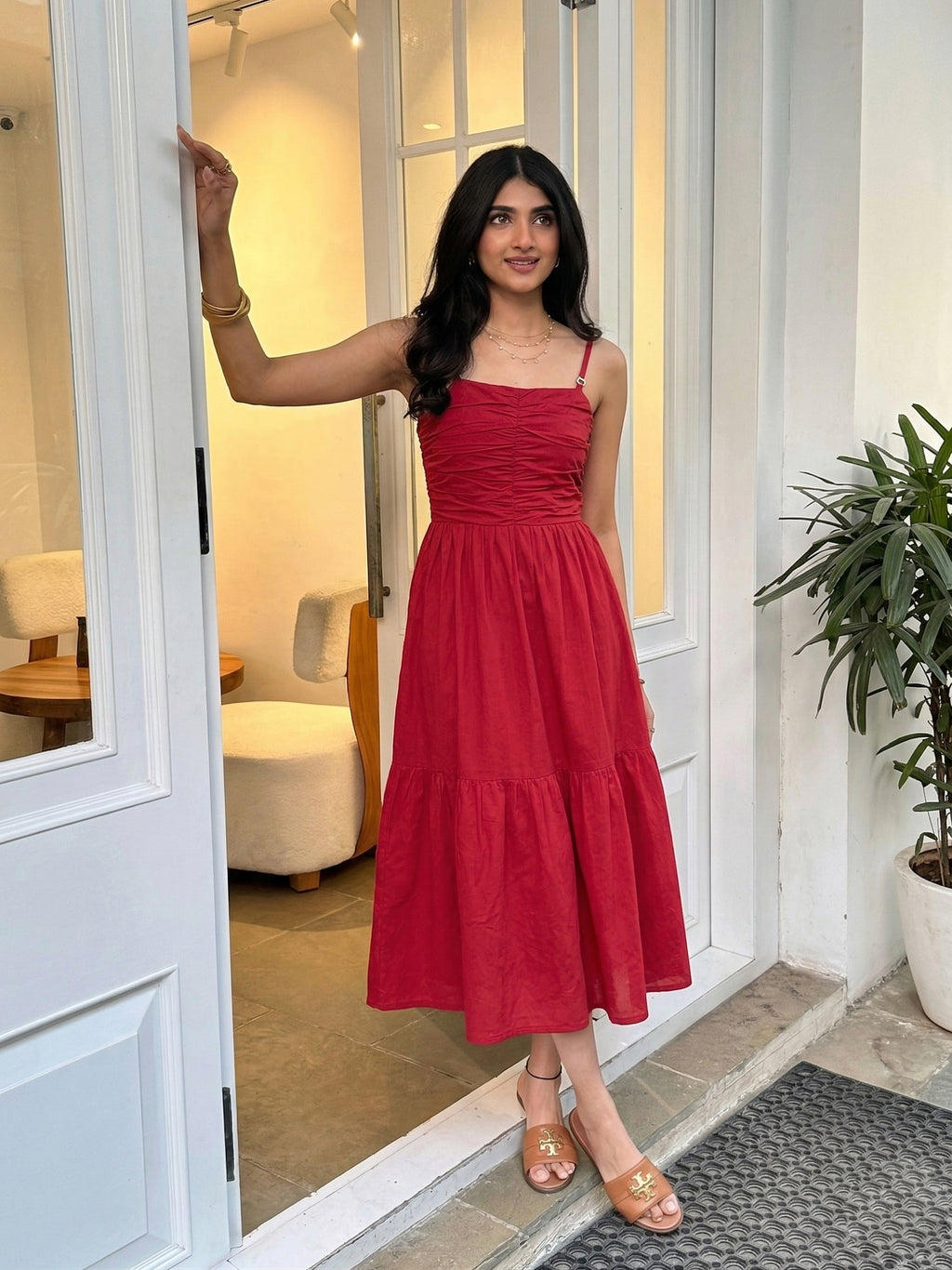 Stylish Red Cotton Midi Casual Dress for women