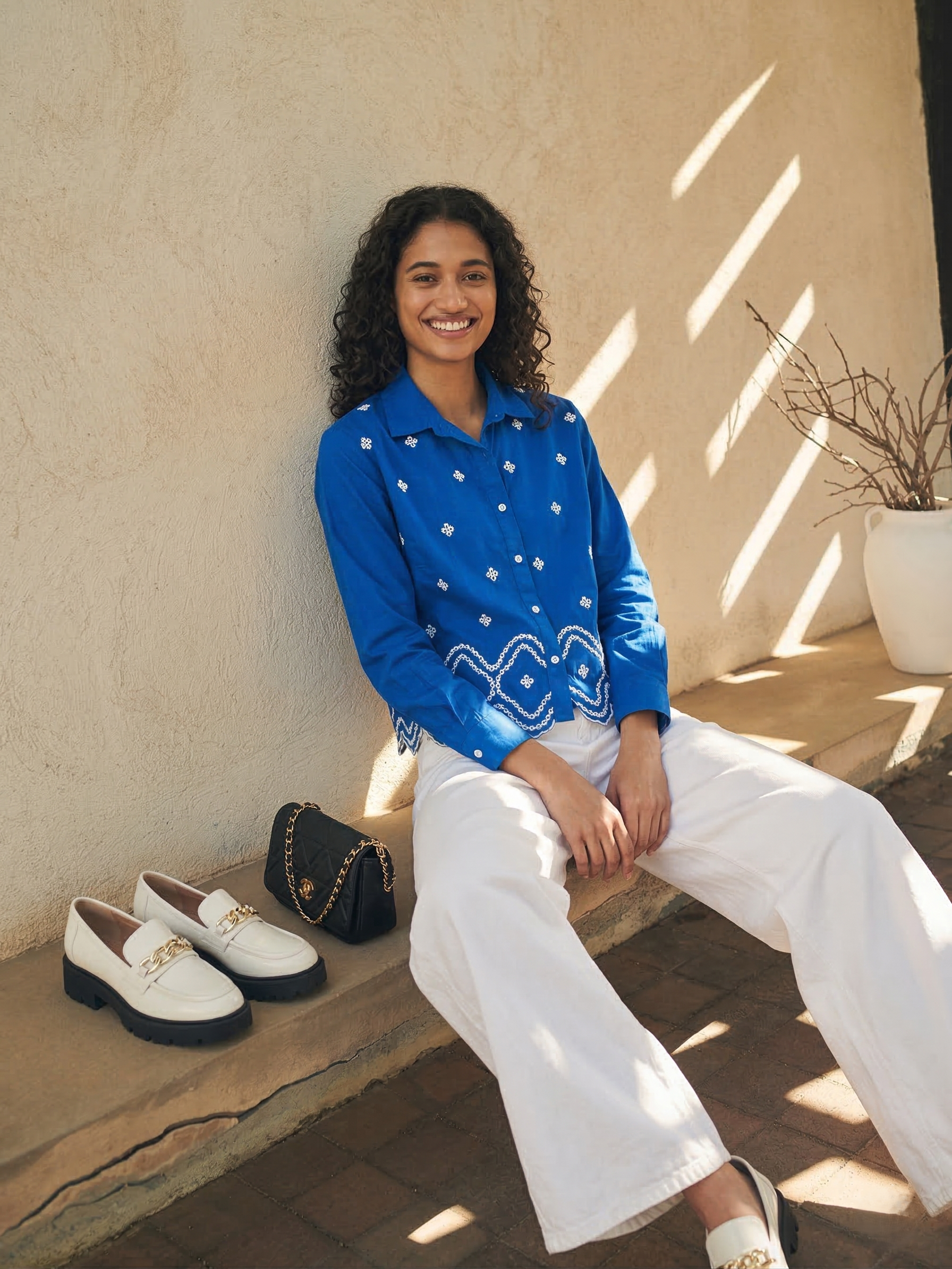 Women’s Trendy Blue Cotton Embroidered Shirt