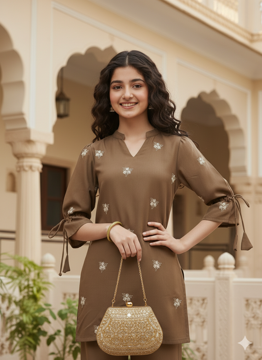 Caramel Viscose Blend Embroidered Top & Pant Set for Girls