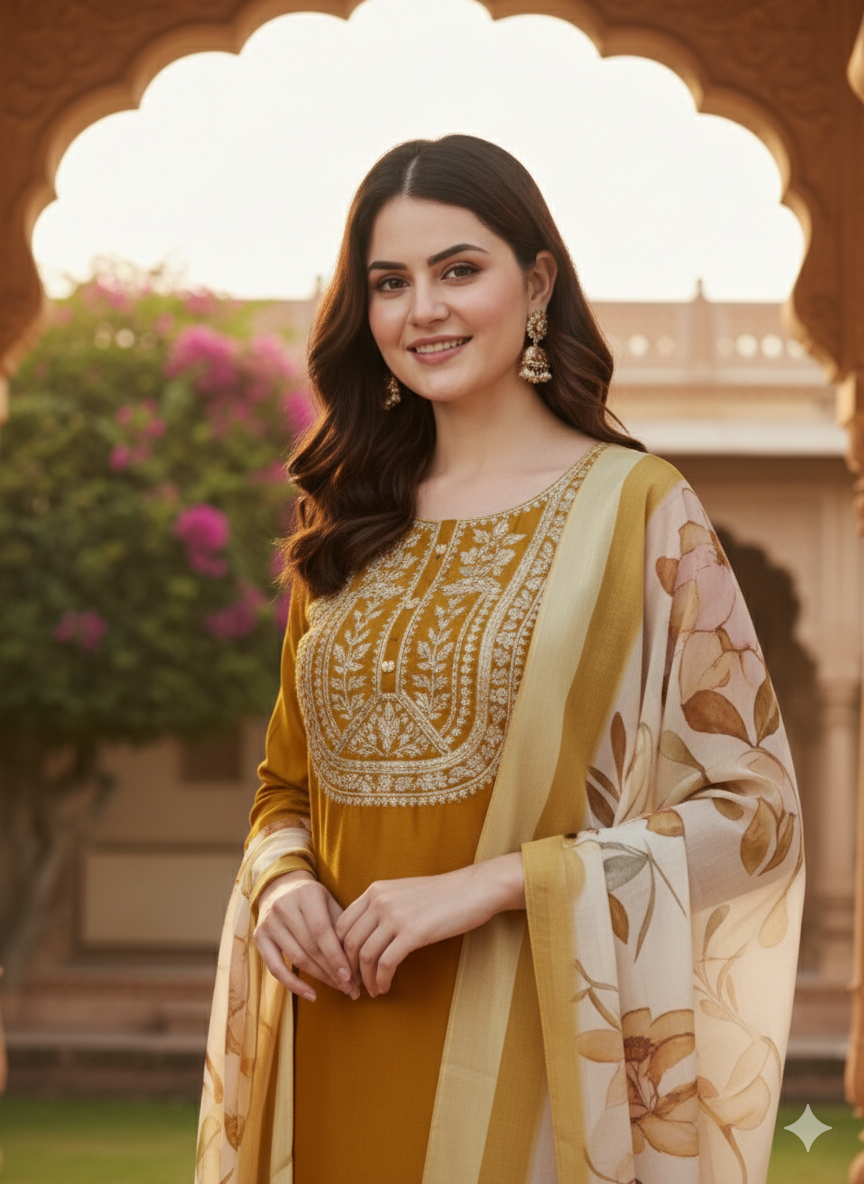 Mustard Embroidered Chinon kurta Set with Dupatta